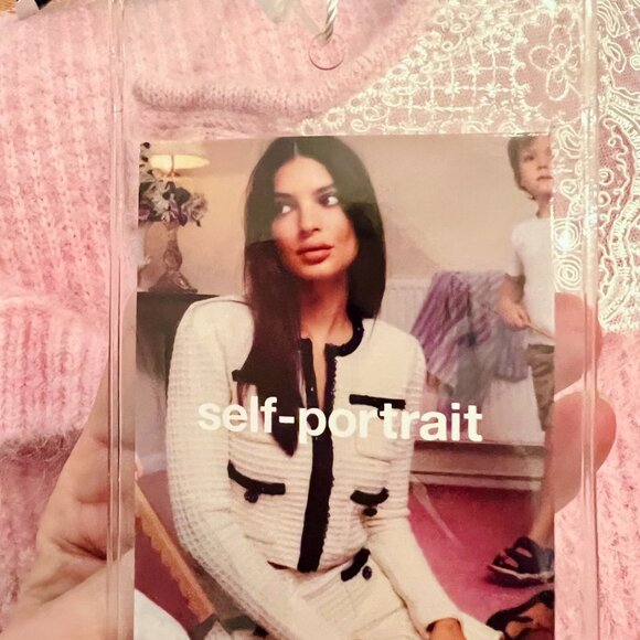 NWT- Self-Portrait Lace-Collared Pink Brushed Cardigan Sweater, Crystal Buttons - Picture 4 of 5